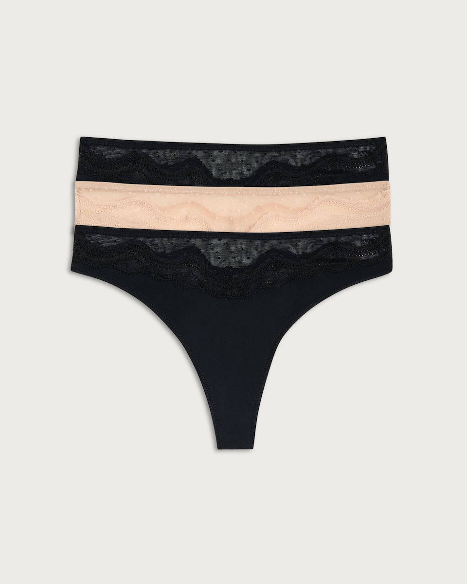 image 1 of F&F 3-Pack Lace Trim Thongs in Multi