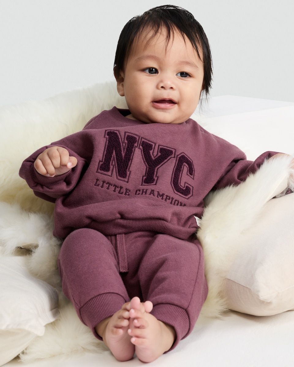 image 1 of F&F Baby 2-Piece Cotton Rich NYC Slogan Sweatshirt and Joggers Set in Burgundy