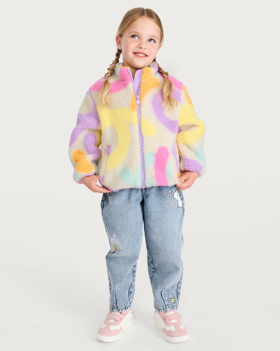 image 1 of F&F Girls Squiggle Print Textured Borg Jacket in Multi