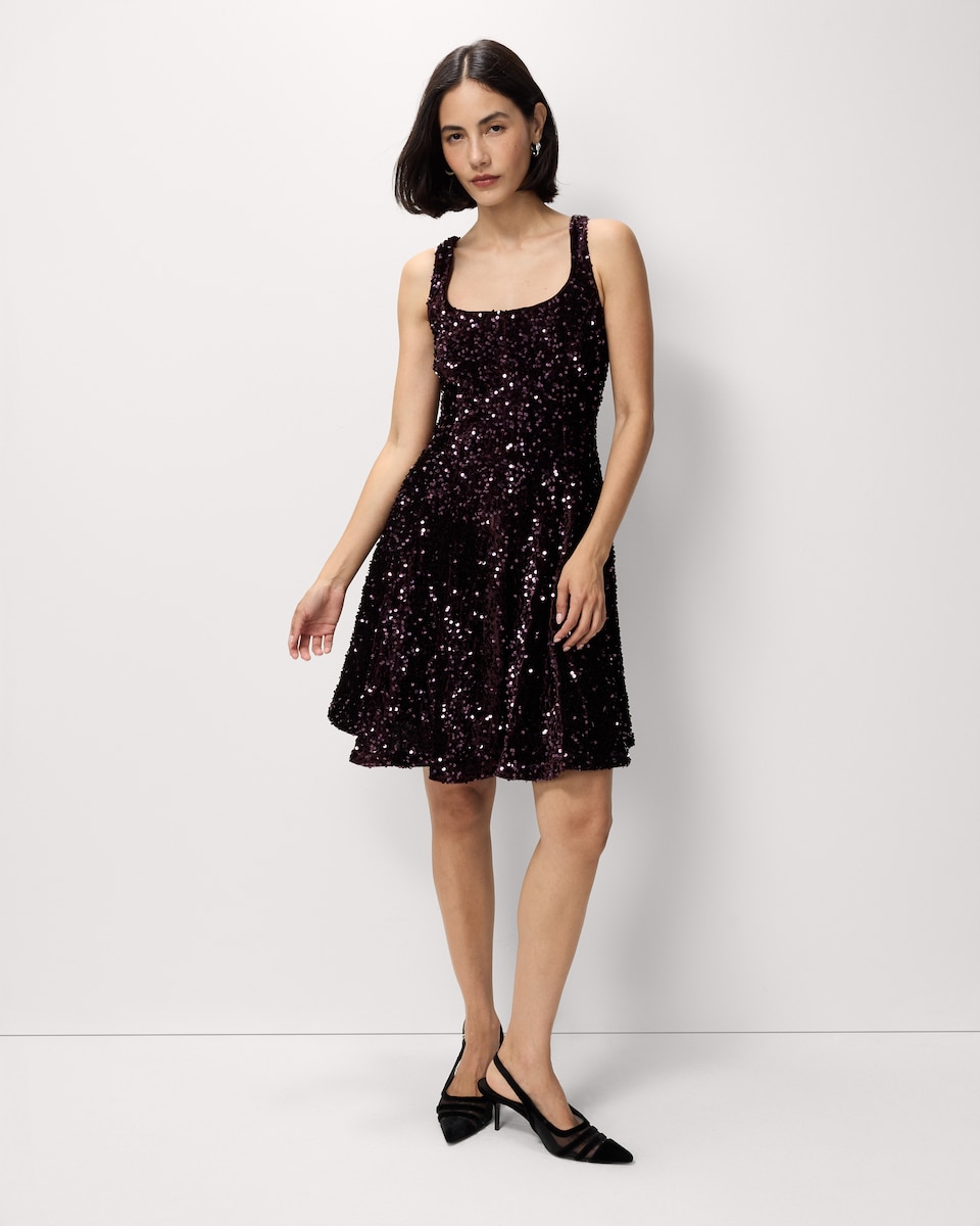 image 1 of F&F Velvet Sequin Square Neck Mini Dress in Burgundy