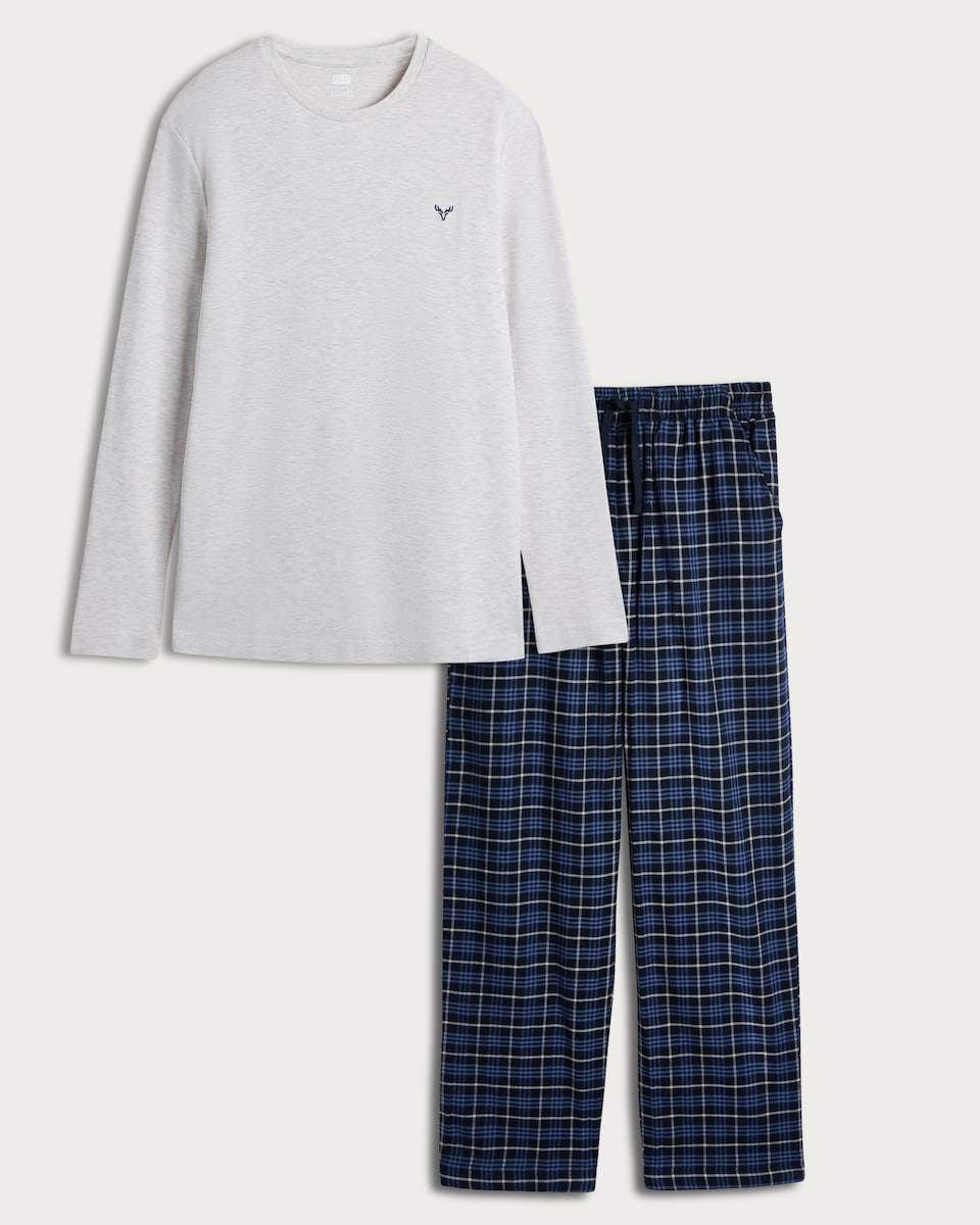 image 1 of F&F Cotton Rich Long Sleeved Top and Check Trousers Pyjamas in Multi