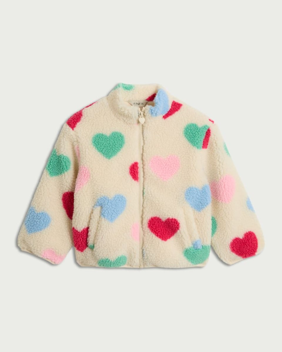 image 1 of F&F Girls Fleece Heart Print Jacket in Multi