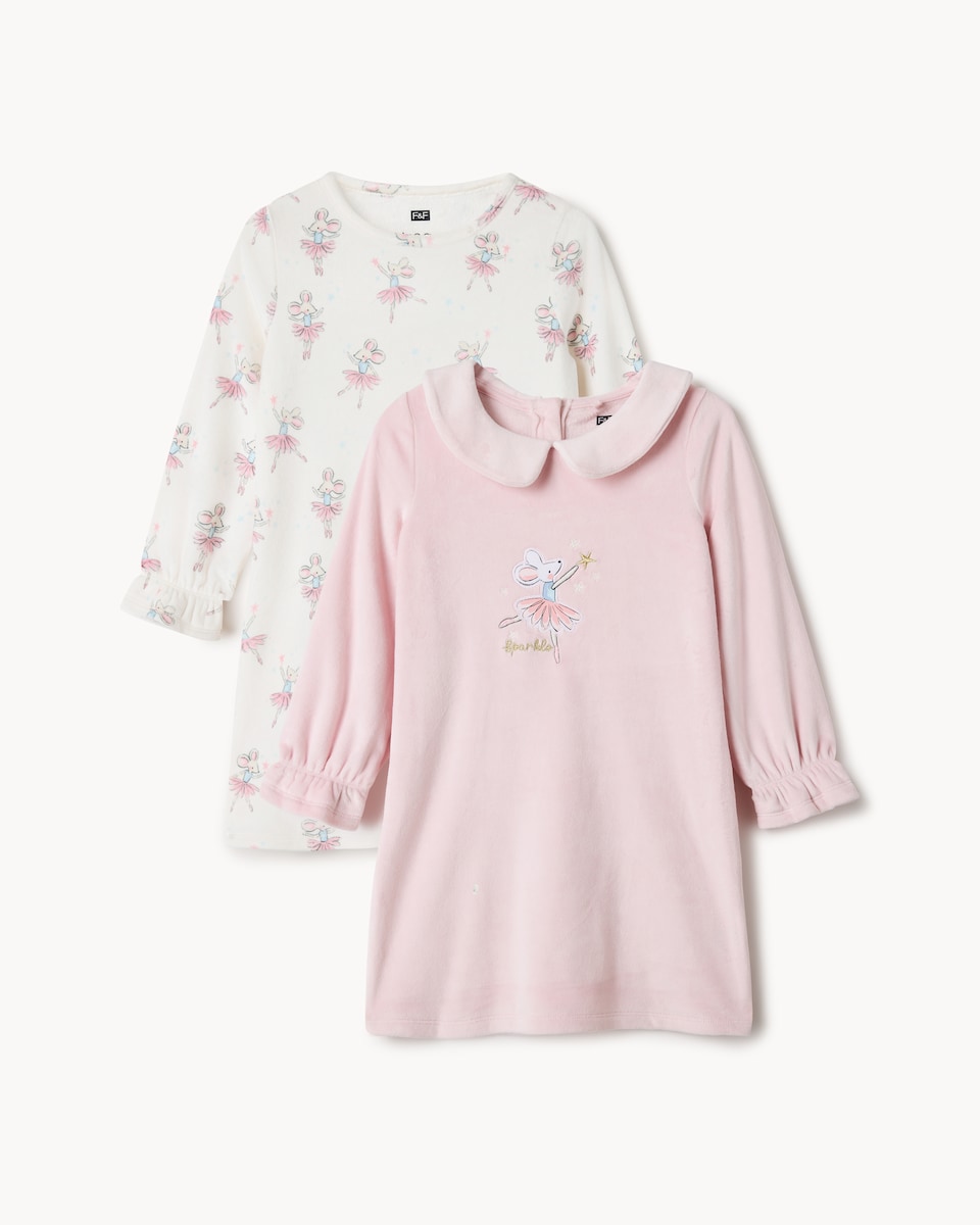 image 1 of F&F Girls 2-Pack Minky Fleece Mouse Ballerina Long Sleeved Nightdresses in Multi