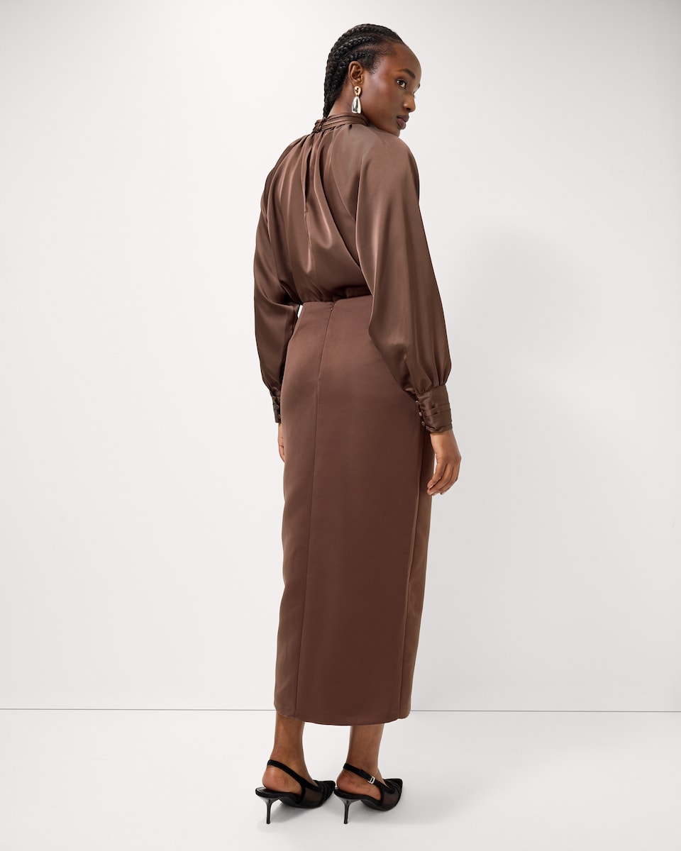 image 1 of F&F Satin Tailored Midi Skirt in Brown