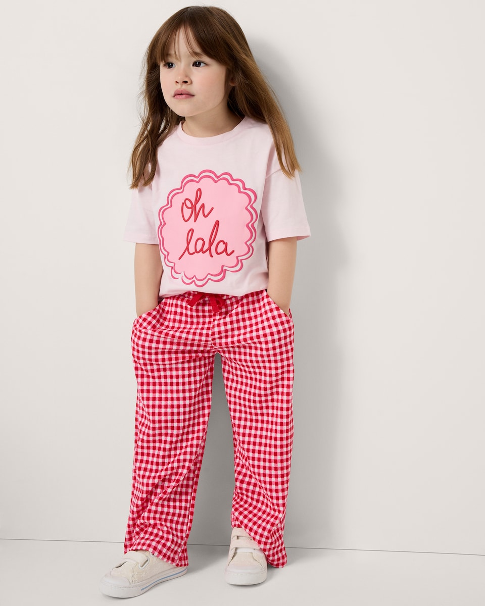 image 1 of F&F Girls 2-Piece Oh Lala T-Shirt and Trousers Set in Multi Pink