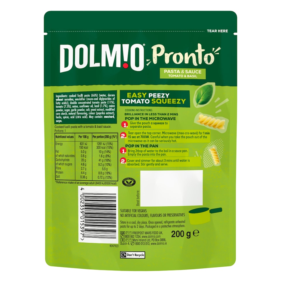 image 1 of Dolmio Pronto Microwave Instant Pasta Meal Tomato and Basil 200g