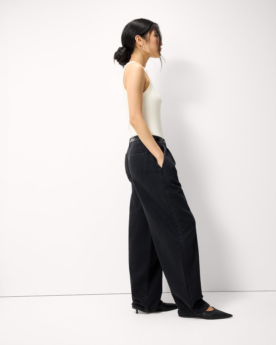 image 1 of F&F High Rise Relaxed Fit Belted Jeans in Black