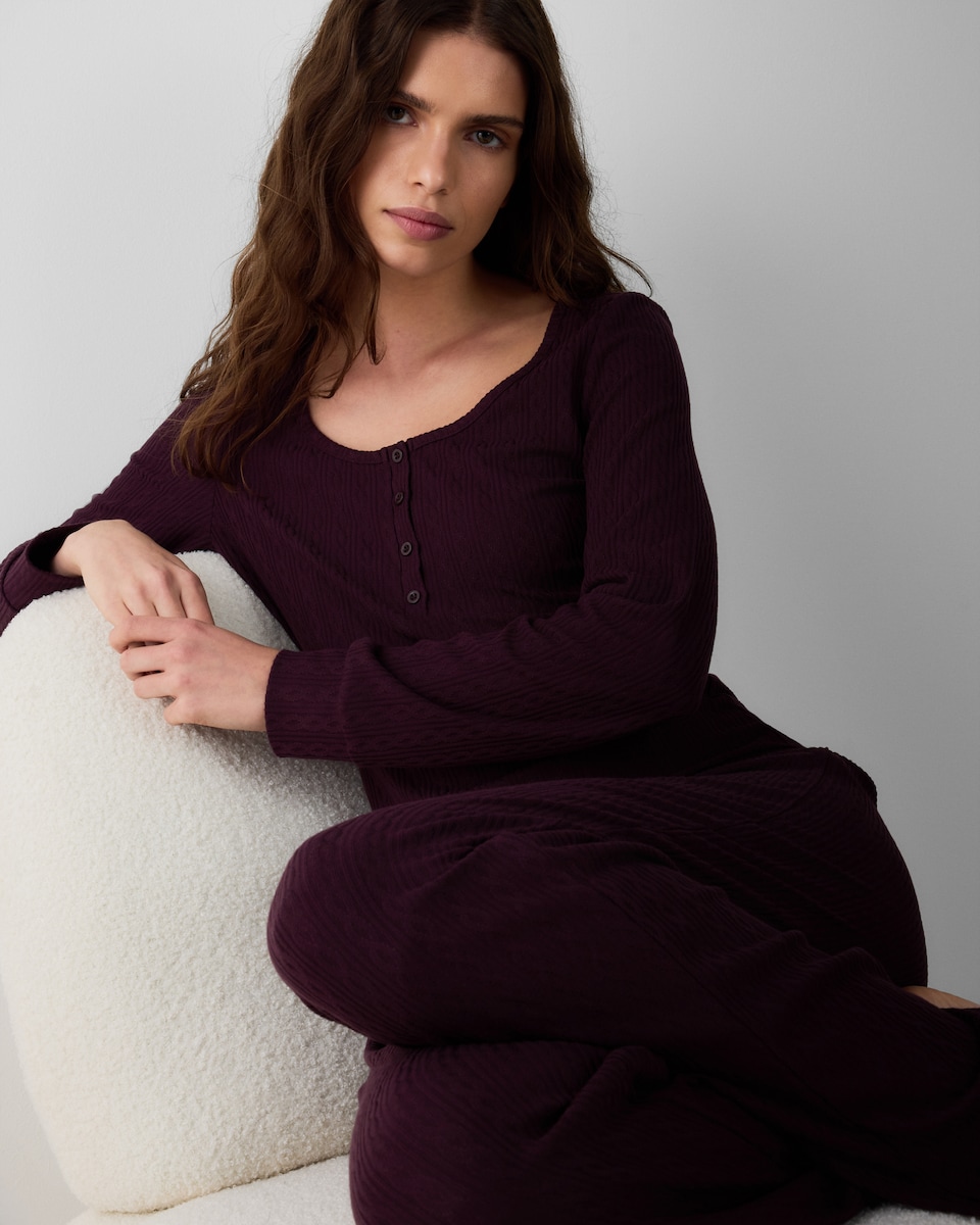 image 1 of F&F Pointelle Cable Henley Pyjama Set in Burgundy