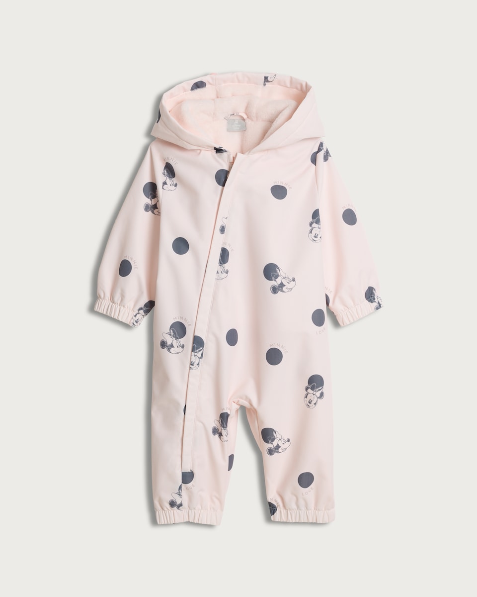 image 1 of Disney Minnie Mouse Fleece Lined Polka Dot Puddlesuit in Pink