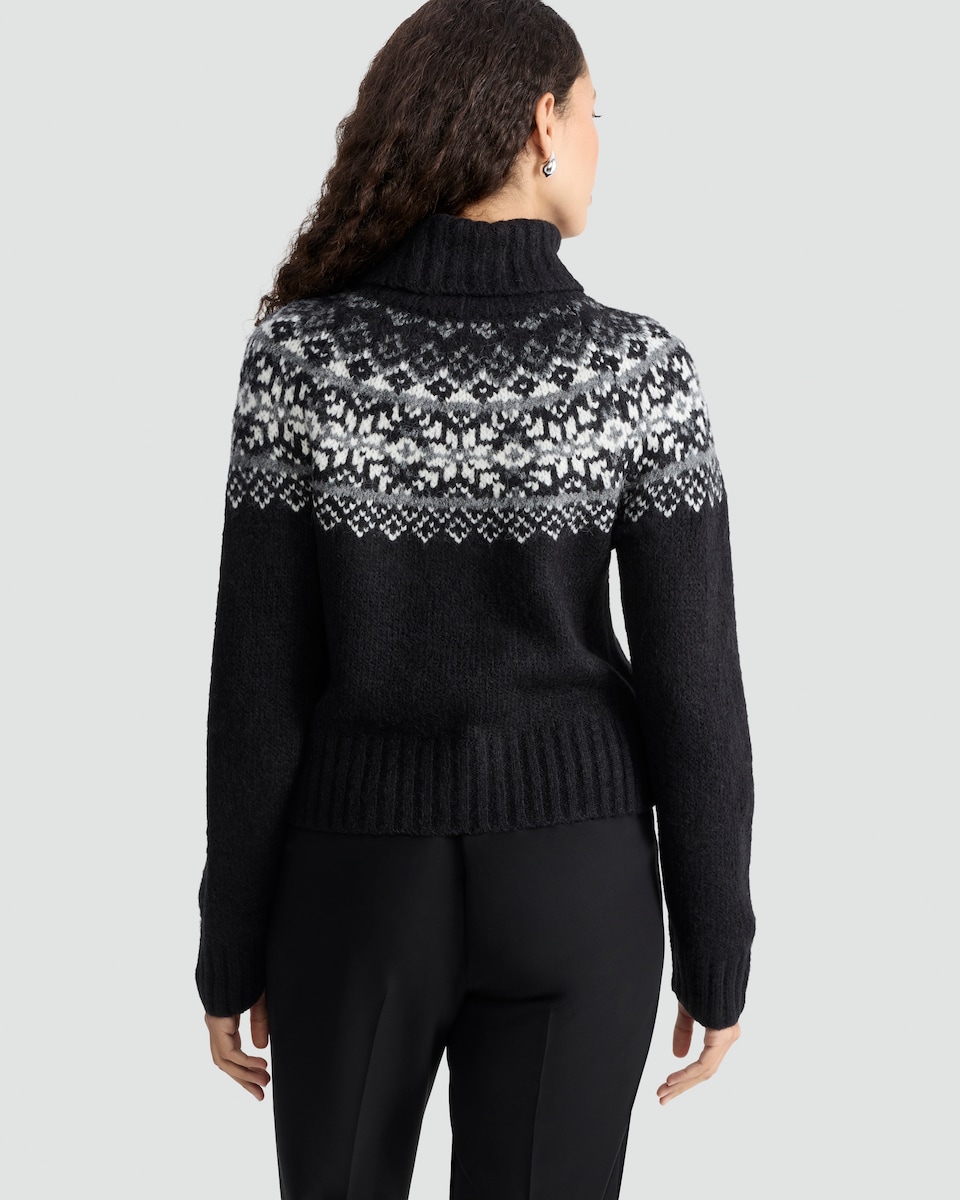 image 1 of F&F Knitted Fair Isle Pattern Roll Neck Jumper with Wool in Black