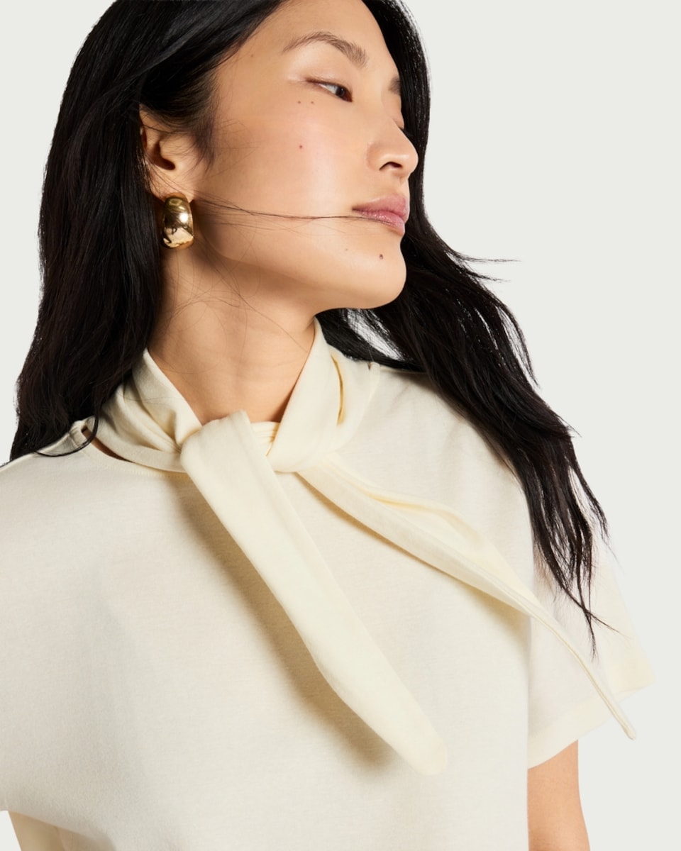 image 1 of The F&F Edit Pure Cotton Tie Neck T-Shirt in Cream