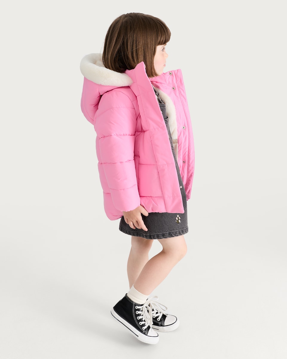 image 1 of F&F Girls Fluffy Hood Padded Shower Resistant Jacket in Pink