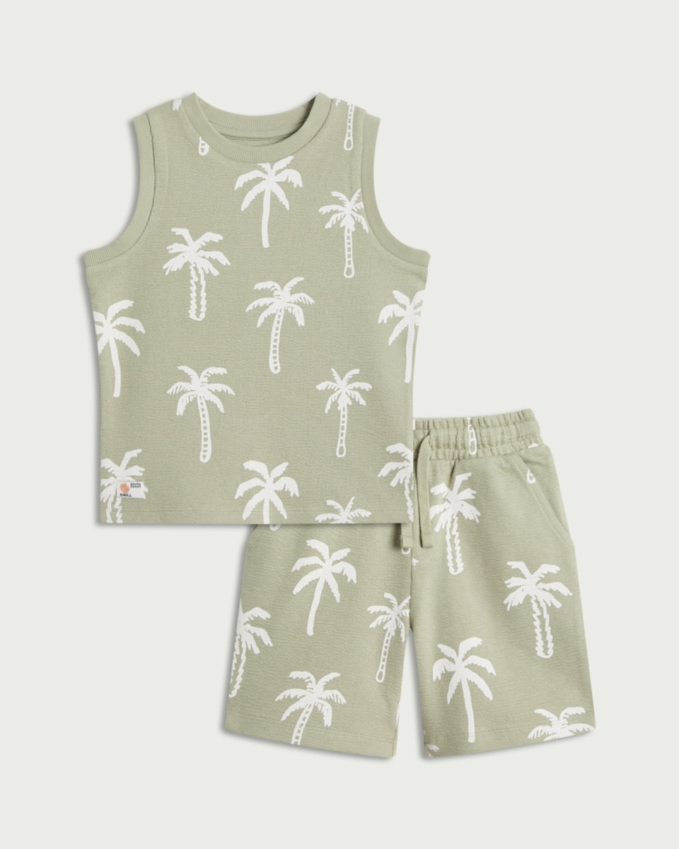 image 1 of F&F Boys 2-Piece Pure Cotton Palm Tree Print Vest and Shorts Set in Green