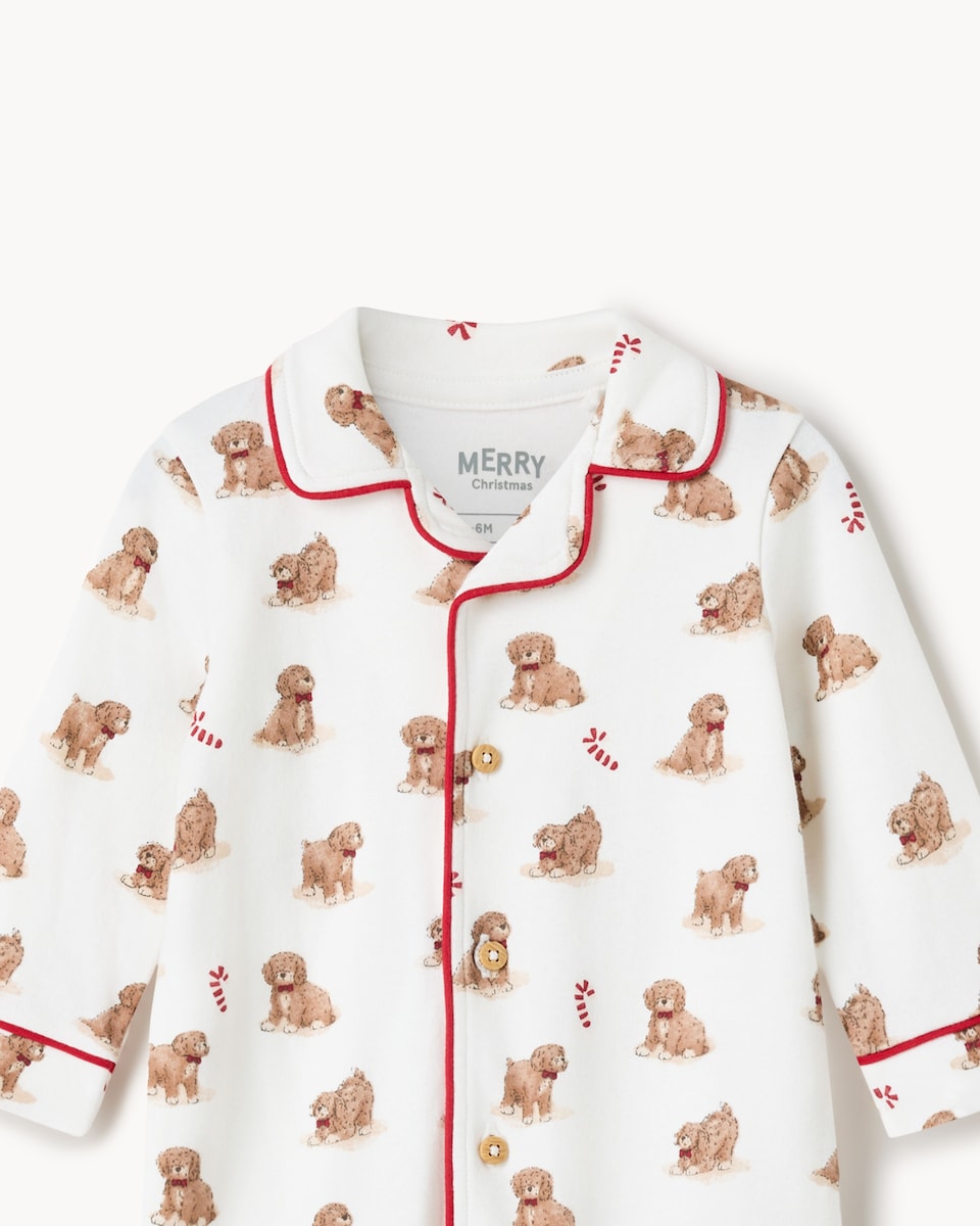 image 1 of Christmas Baby Pure Cotton Festive Pup Sleepsuit in White