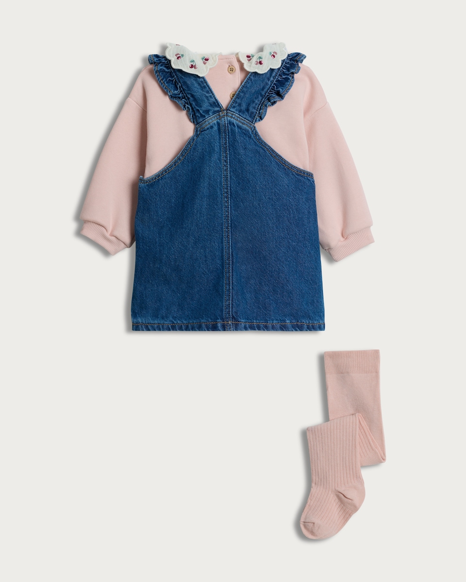 image 1 of F&F Baby 3-Piece Cotton Rich Denim Pinafore, Bodysuit and Tights Set in Blue