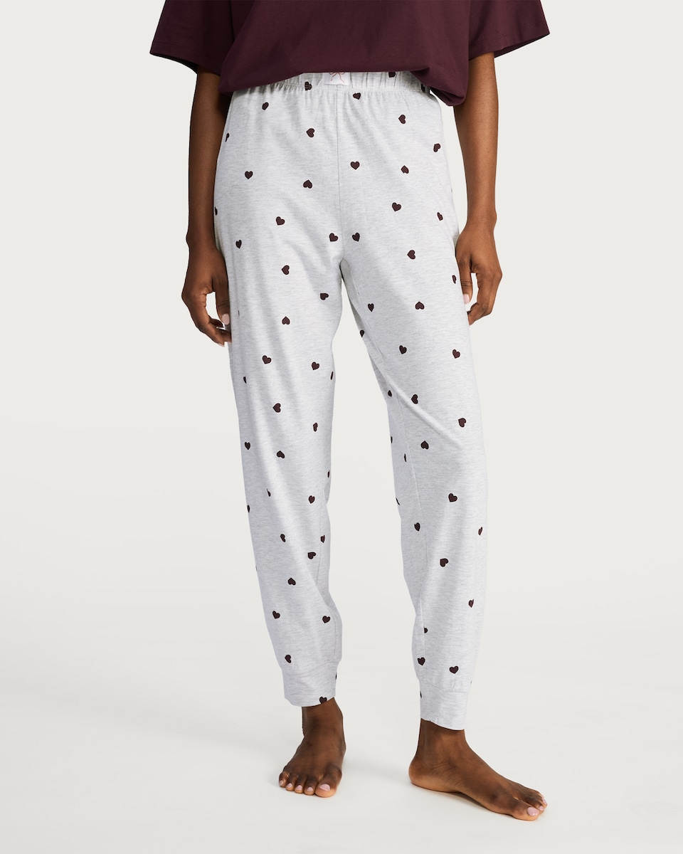 image 1 of F&F Cotton Rich Heart Print Pyjama Bottoms in Multi Grey