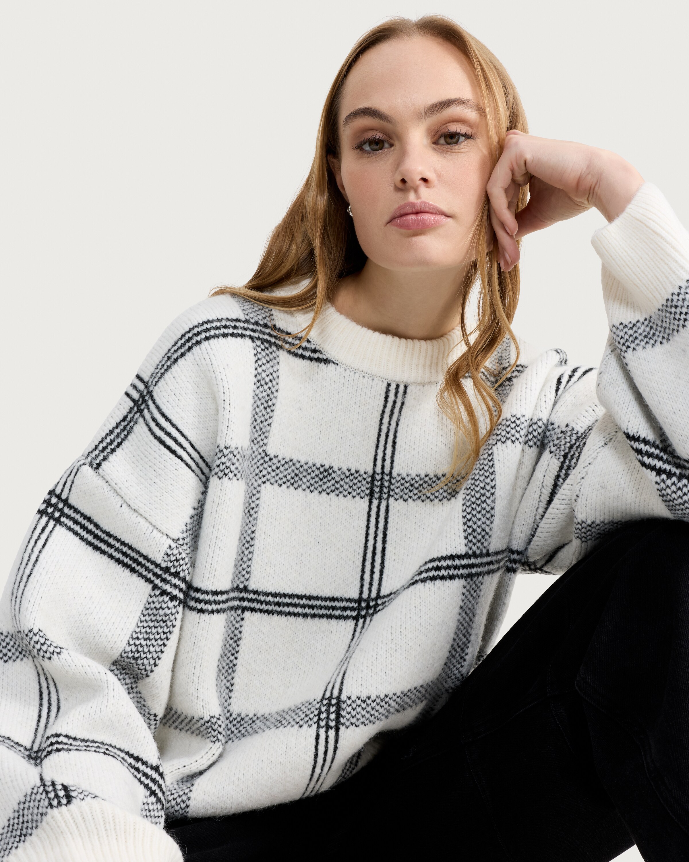 F&F Check Print Oversized Jumper in Multi White - Tesco Groceries