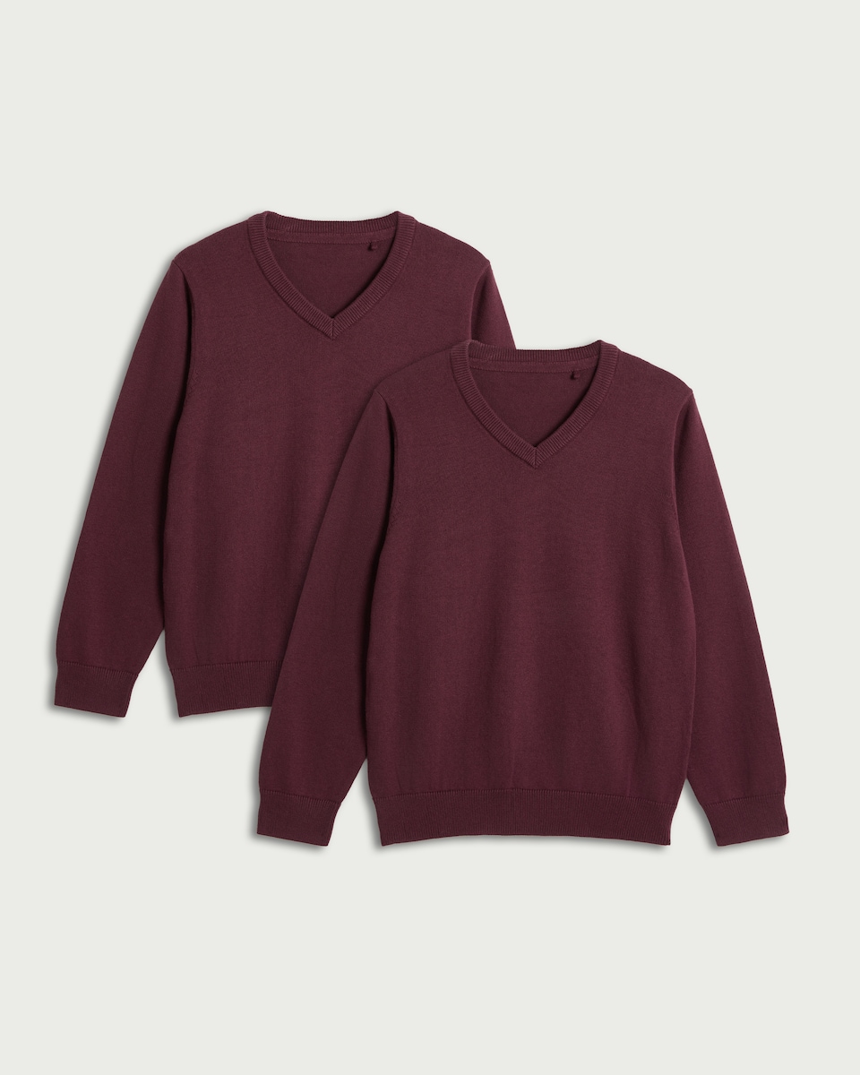 F&F School Unisex 2-Pack Pure Cotton V-Neck Jumpers in Burgundy