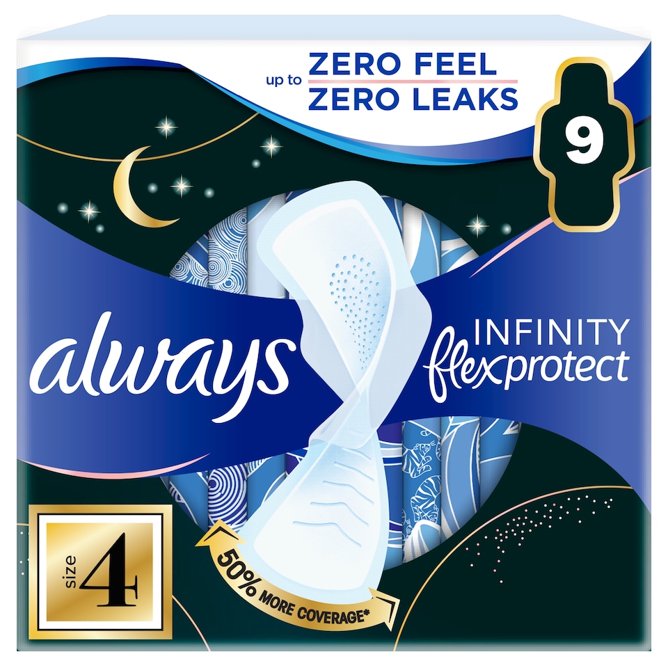 image 1 of Always Infinity Flex Protect 9 Night Extra Sanitary Pads With Wings Size 4