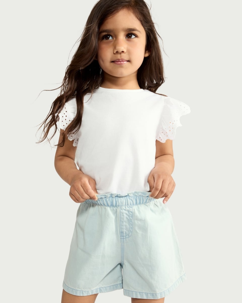image 1 of F&F Girls Pure Cotton Frill Waist Shorts in Blue
