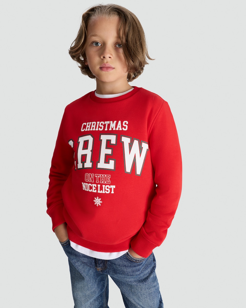 image 1 of F&F Boys Cotton Rich Christmas Crew Sweatshirt in Red