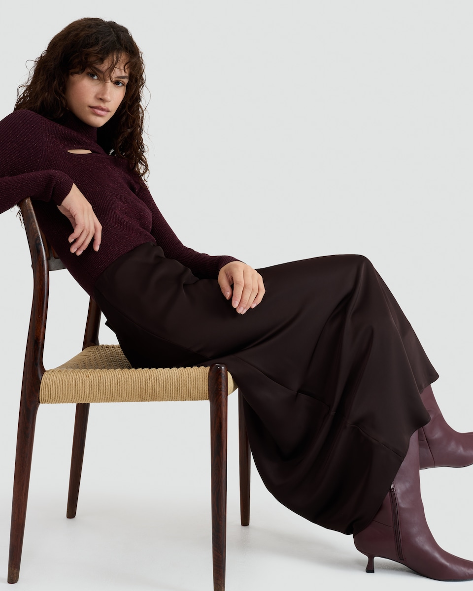 image 1 of F&F Satin Midi Slip Skirt in Chocolate