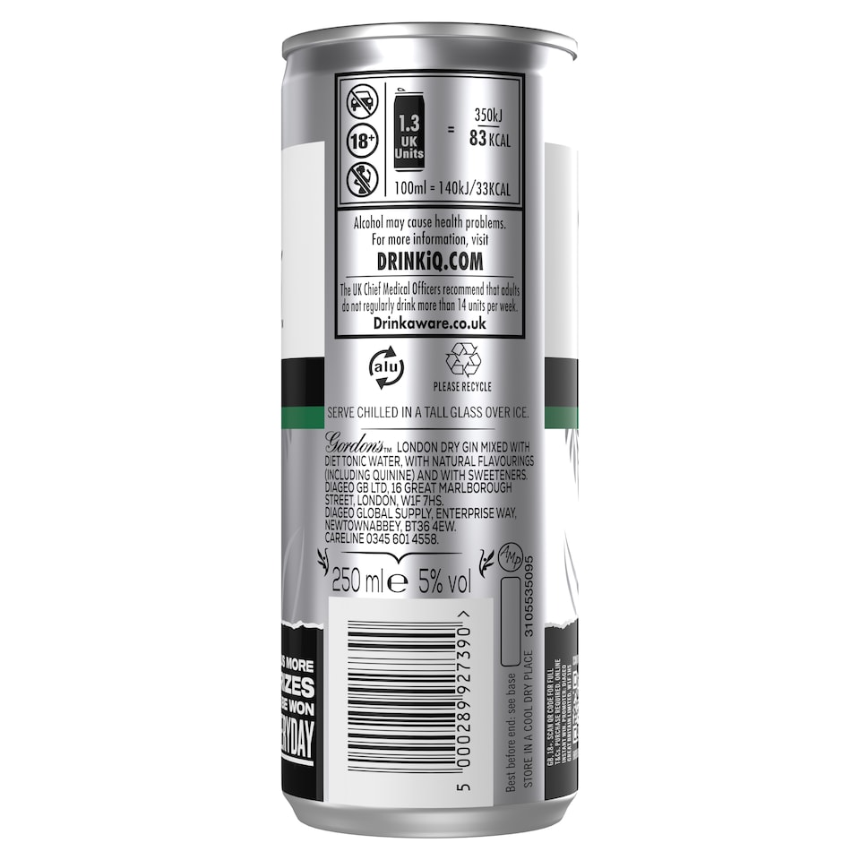 image 1 of Gordon's Dry Gin & Slimline Tonic Premixed Can 5% Vol 250ml