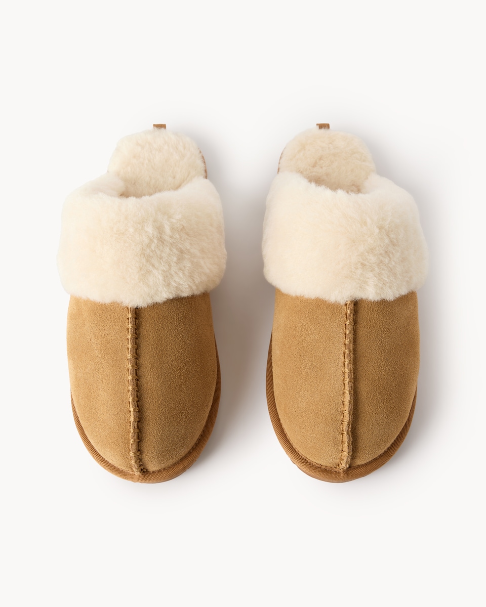 image 1 of F&F Suede Faux Fur Lined Mule Slippers in Tan
