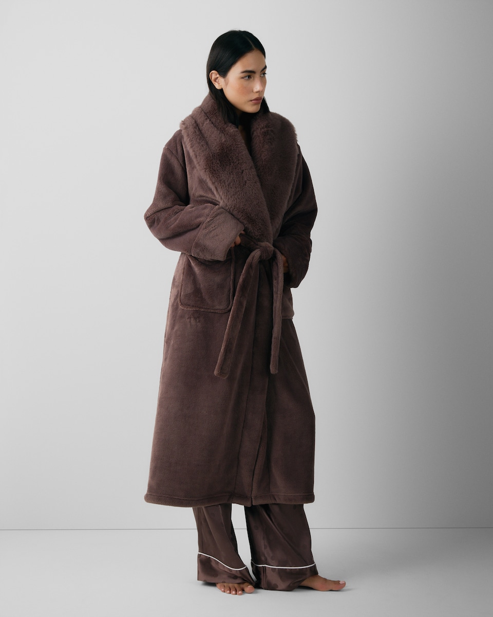 image 1 of F&F Faux Fur Shawl Neck Dressing Gown in Neutral