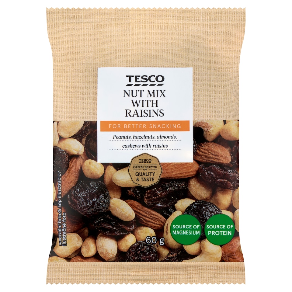 Tesco Zmes jadier suchých škrupinových plodov a sušených hrozienok 60 g