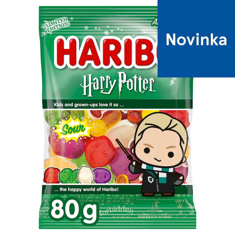 Haribo Harry Potter kyslé želé s ovocnými príchuťami, penovými cukríkmi a s príchuť coly 80 g