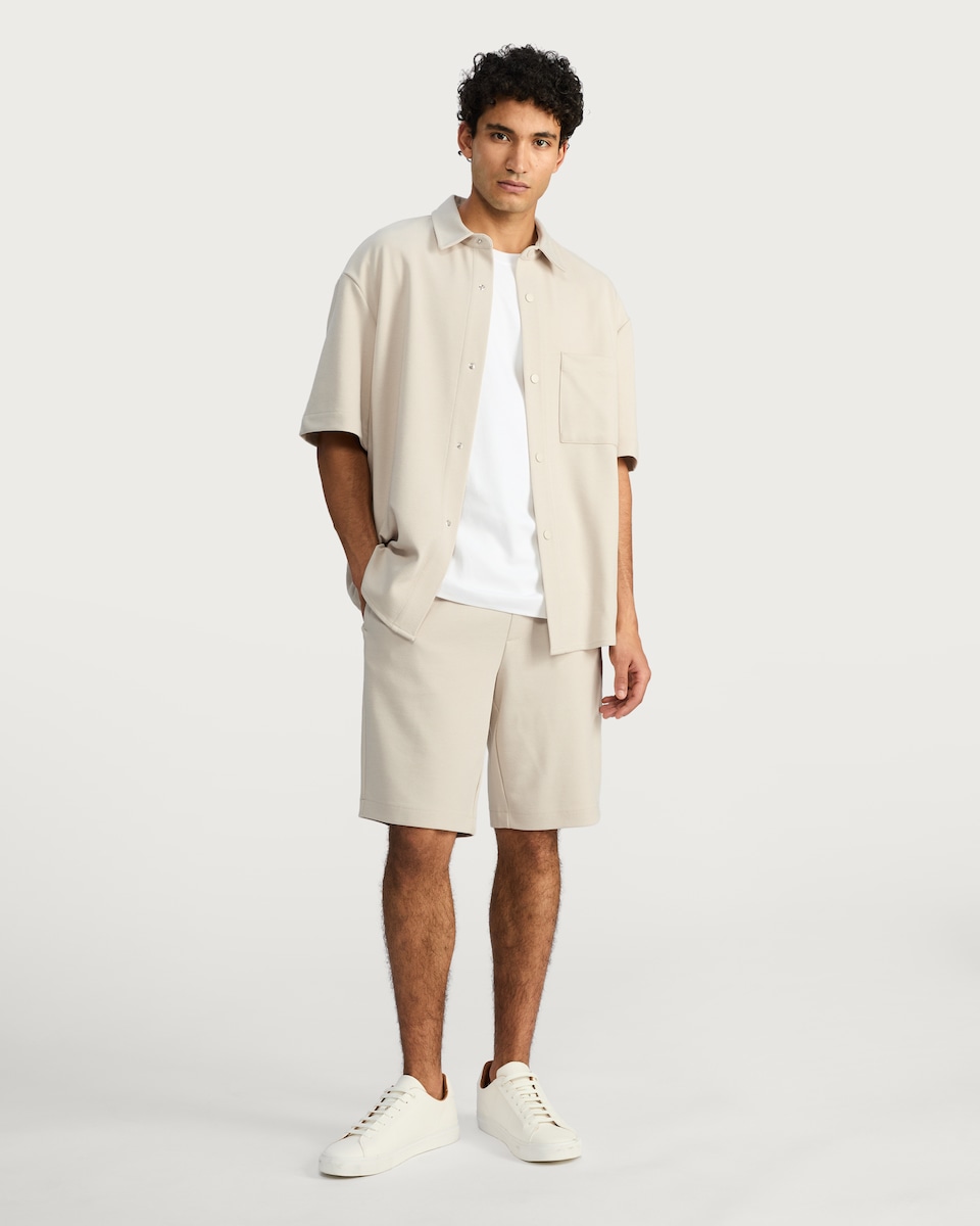 image 1 of F&F Textured Pique Short Sleeved Button Front Shirt in Sand