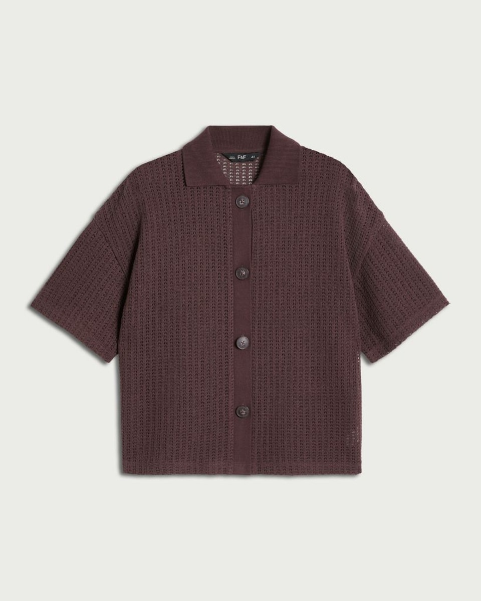 image 1 of F&F Textured Knitted Button Up Co-ord Shirt in Brown