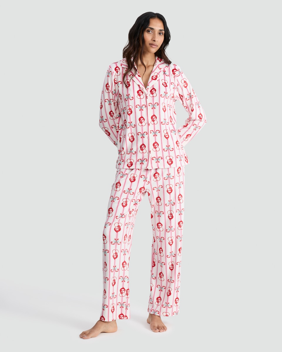 image 1 of Elf Print Fleece Shirt and Trousers Pyjamas in Cream