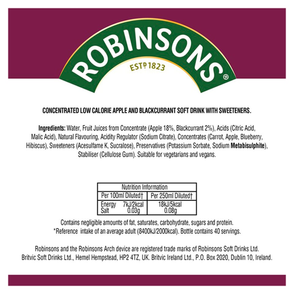 image 1 of Robinsons Double Strength No Added Sugar Apple & Blackcurrant Squash 750ml