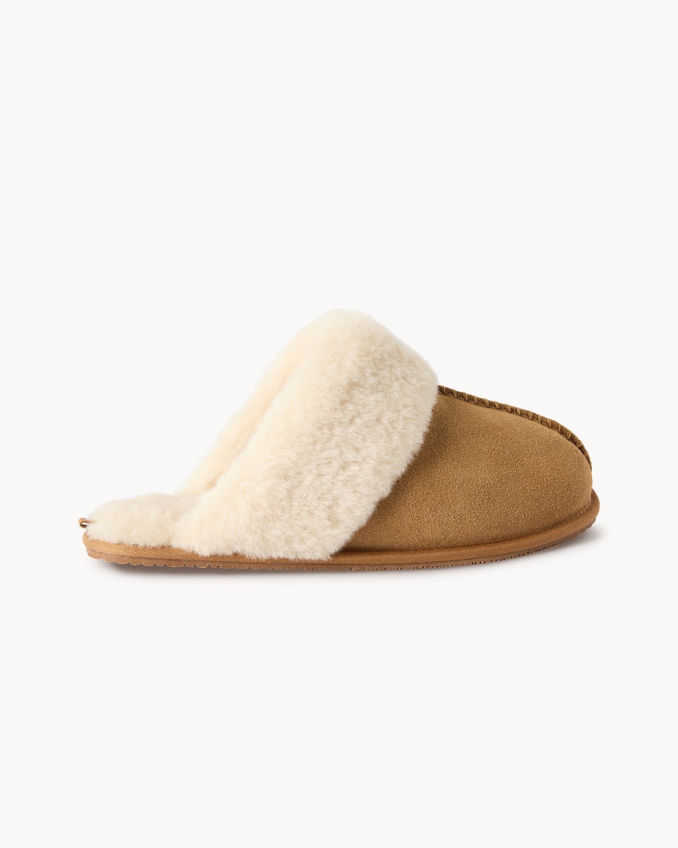 image 1 of F&F Suede Faux Fur Lined Mule Slippers in Tan