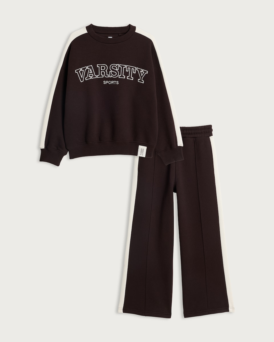 image 1 of F&F Active Girls AFTERCLASS  2-Piece Slogan Sweatshirt and Joggers Set in Brown
