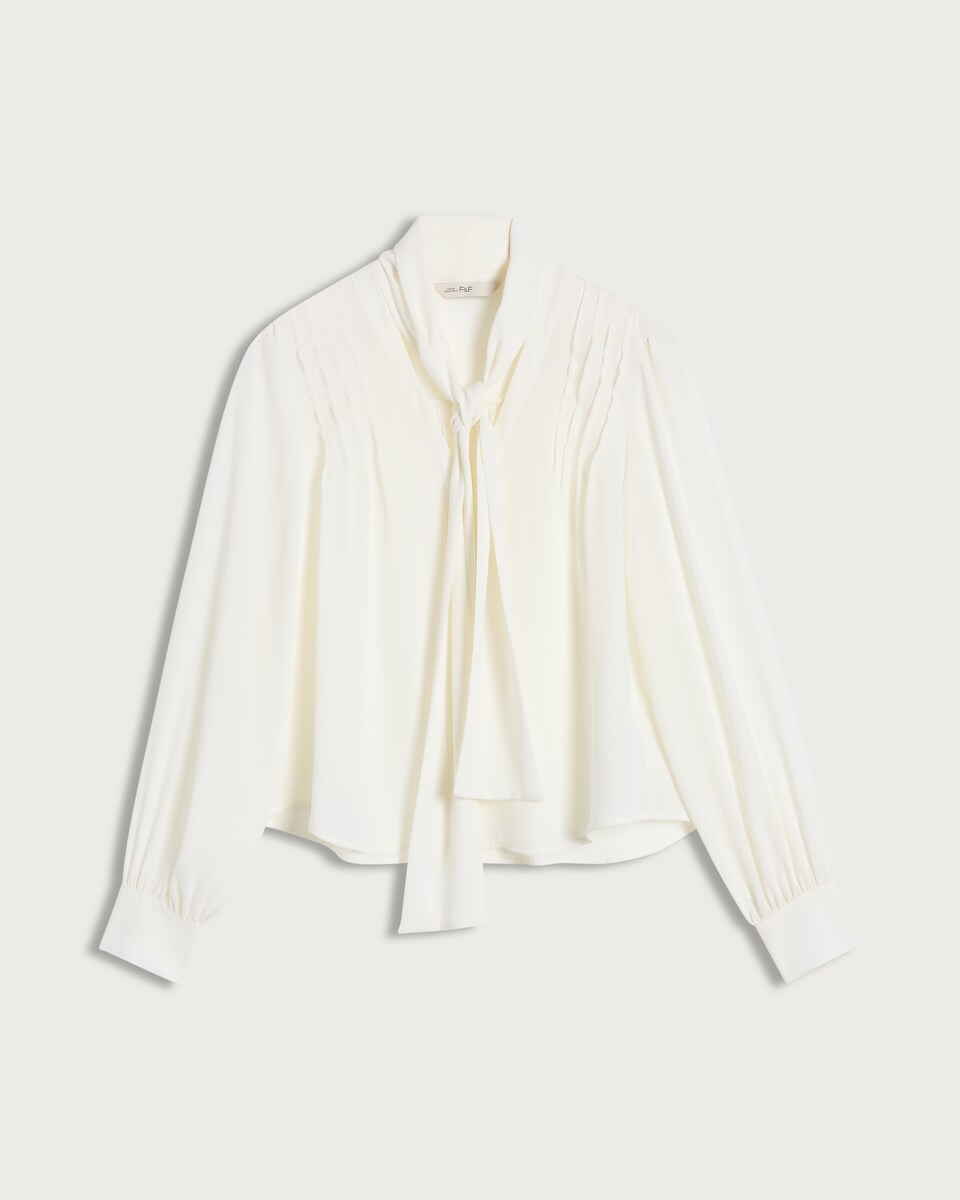 image 1 of F&F Crepe Tie Neck Pleated Blouse in Cream