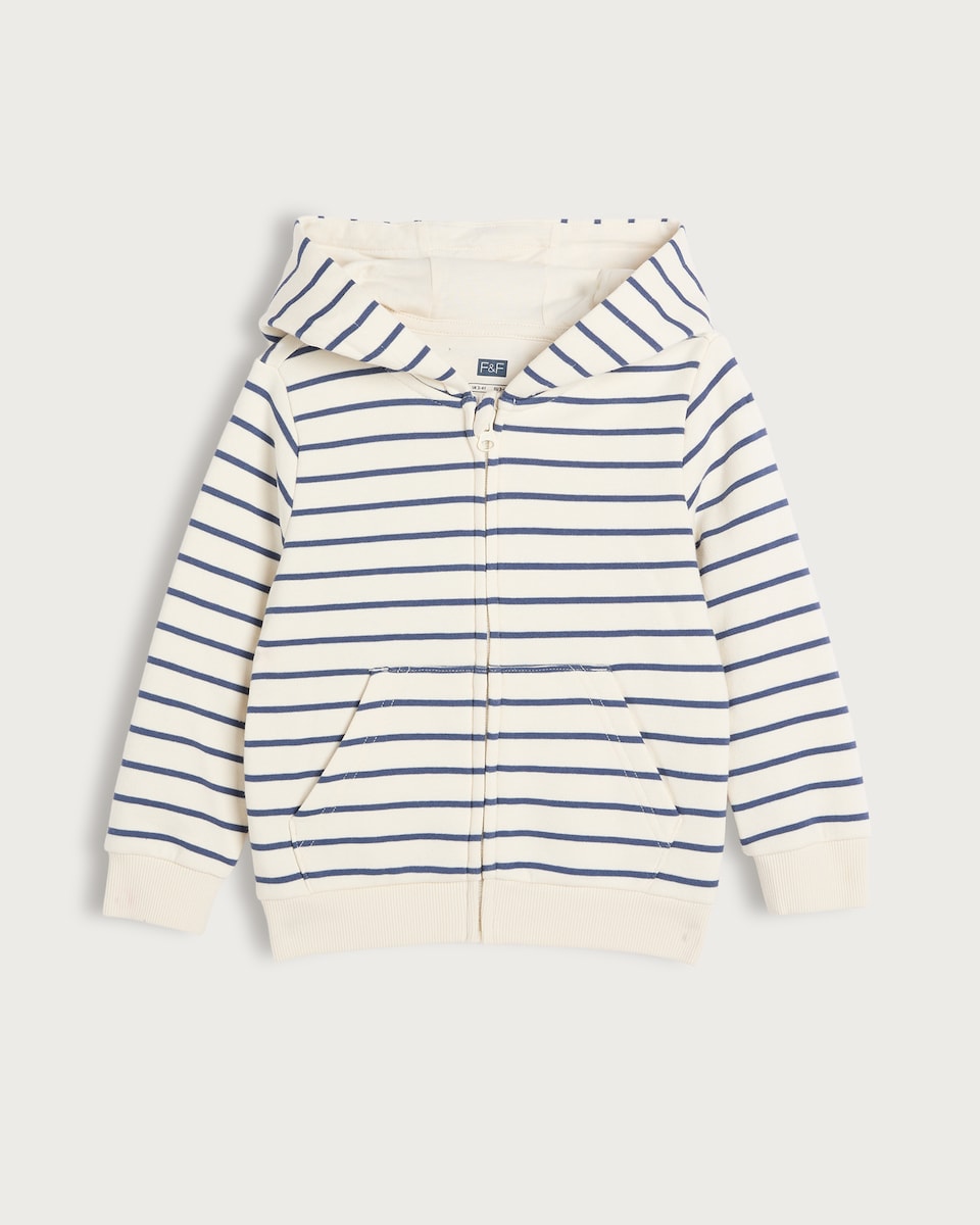 image 1 of F&F Boys Cotton Rich Stripe Print Zip Up Hoodie in Cream