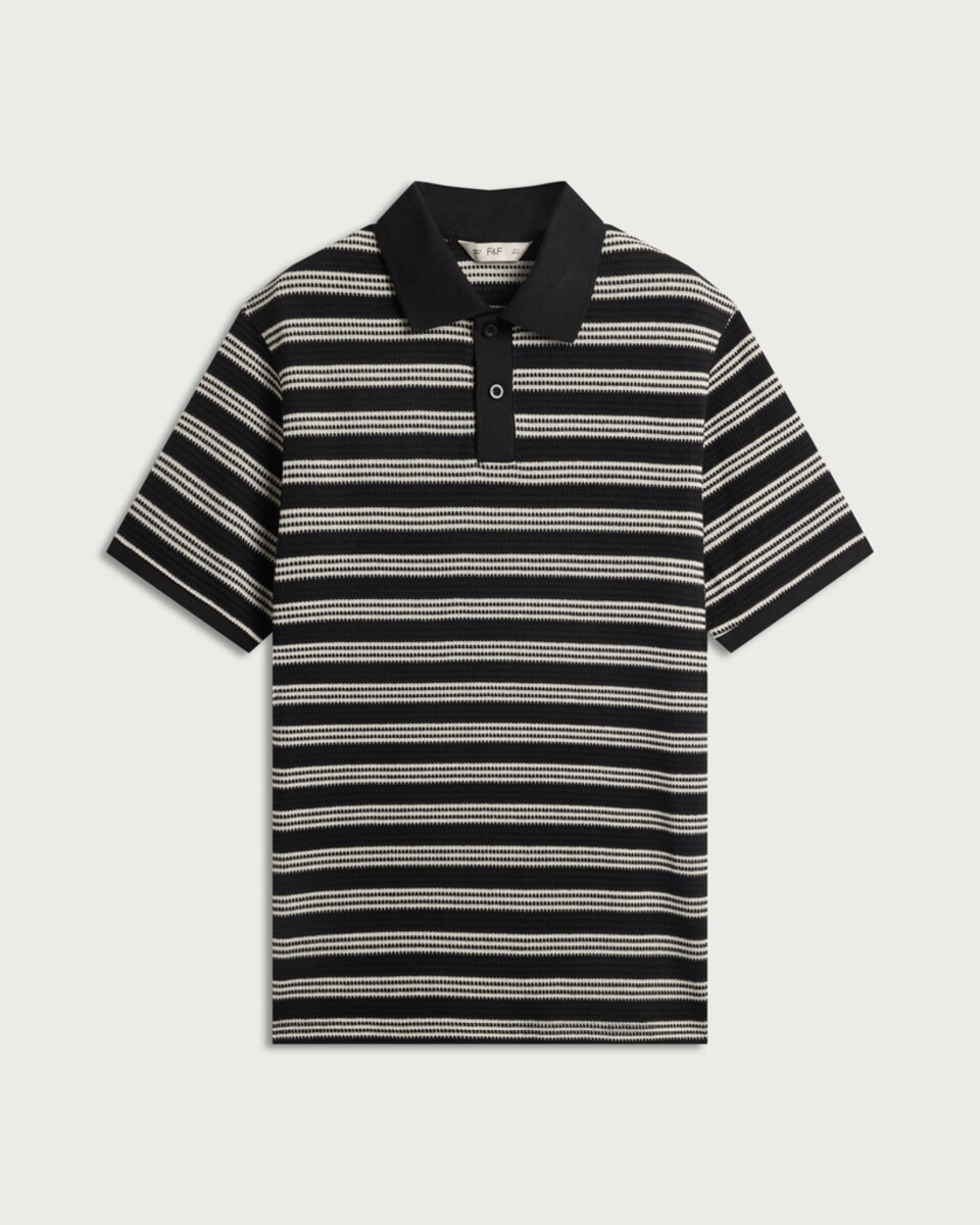 image 1 of F&F Edit Cotton Rich Striped Polo Shirt in Multi Black White