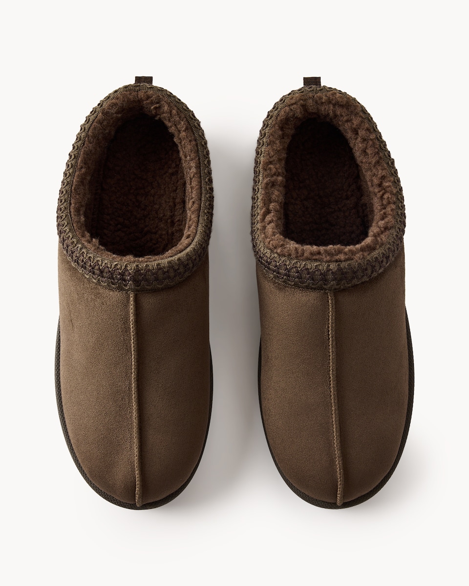 image 1 of F&F Faux Fur Lined Braided Mule Slippers in Chocolate