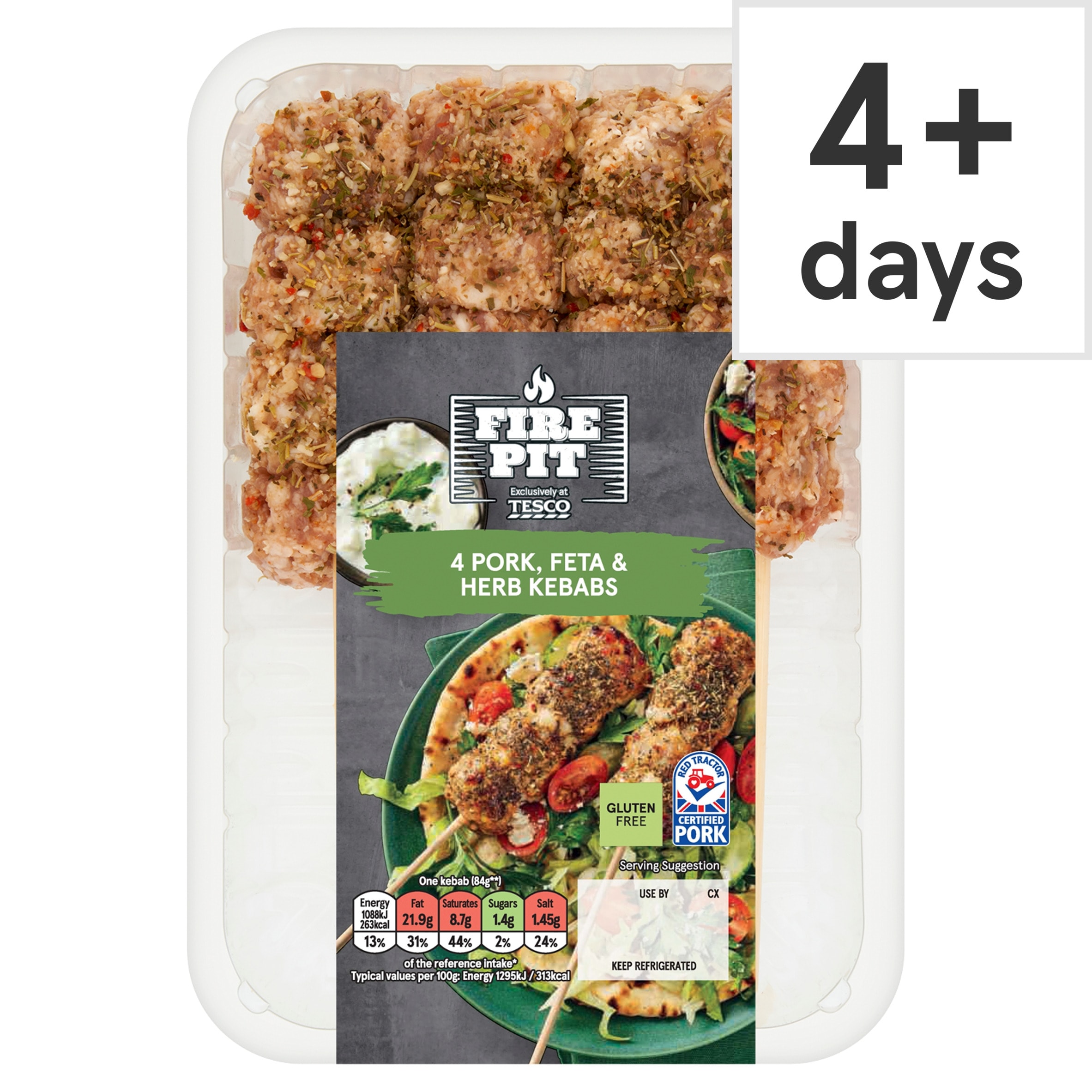 Tesco Fire Pit 4 Pork, Feta & Herb Kebabs 400G