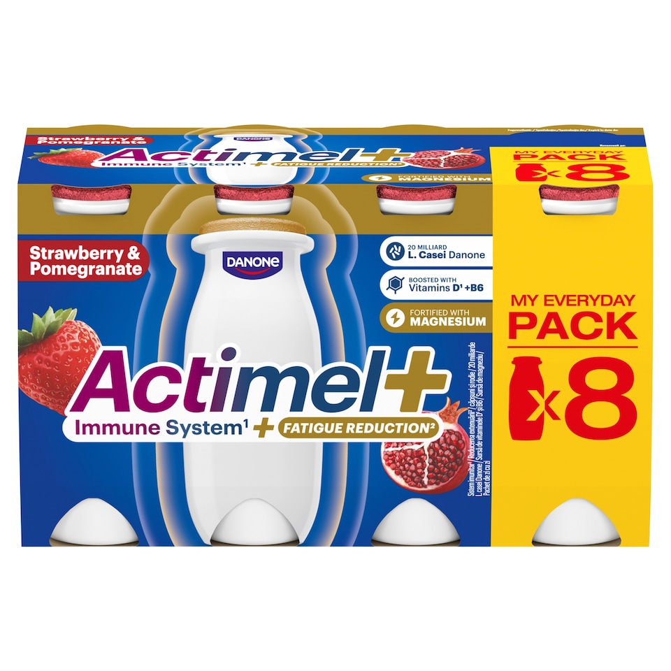 Danone Actimel+ Strawberry and Pomegranate Flavoured Low-Fat Yogurt-Based Drink 8 x 100 g (800 g)