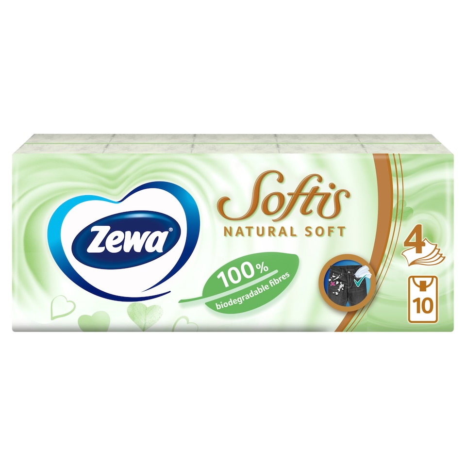 Zewa Softis Natural Soft illatmentes papír zsebkendő 4 rétegű 10 x 9 db  1. kép