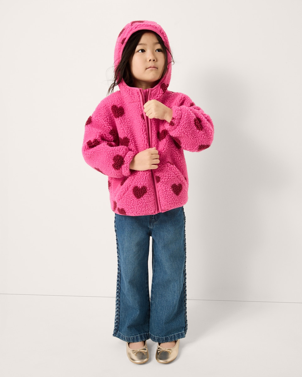 image 1 of F&F Girls Borg Heart Hooded Jacket in Pink