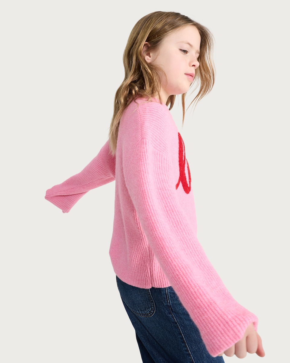 image 1 of F&F Girls Knitted Love Slogan Jumper in Pink