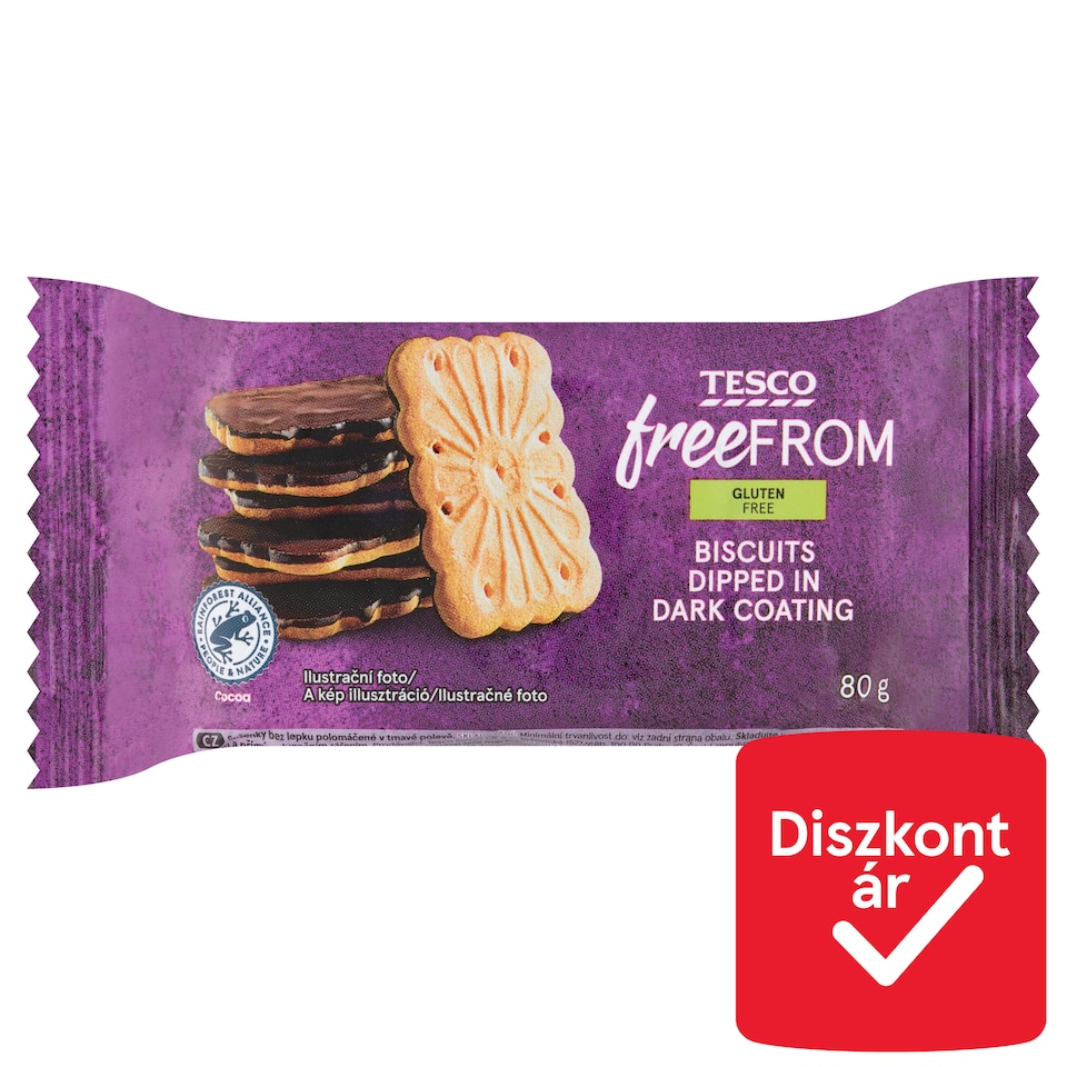 Tesco Free From gluténmentes keksz sötét színű bevonómasszával félig mártva 80 g