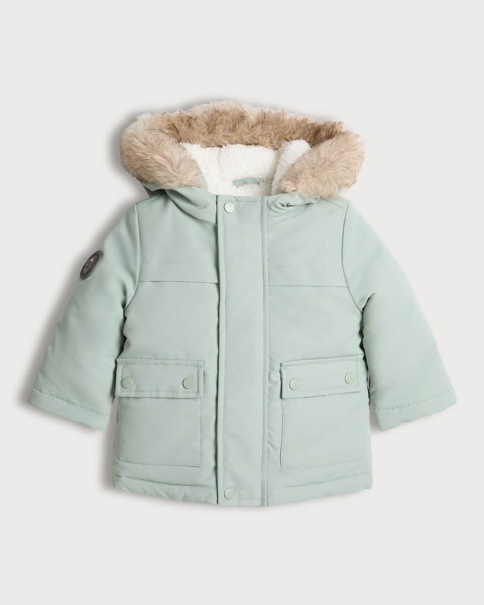 image 1 of F&F Baby Faux Fur Hooded Shower Resistant Parka in Green