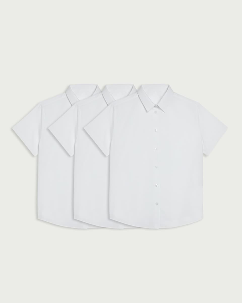 F&F School Girls 3-Pack Generous Fit Short Sleeved Shirts in White