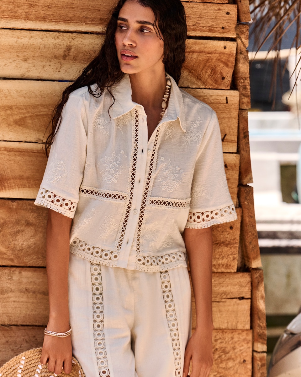 image 1 of The F&F Edit Pure Cotton Lace Insert Wide Leg Trousers in Cream